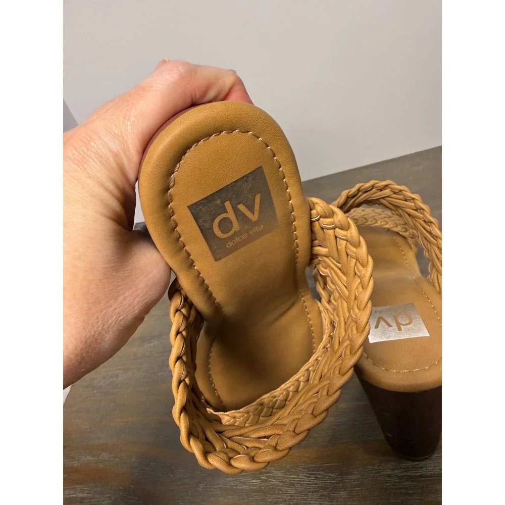 DV Dolce Vita Hilda Woven Slide Sandals Tan Block Heel Boho 7.5‎ Braided Boho